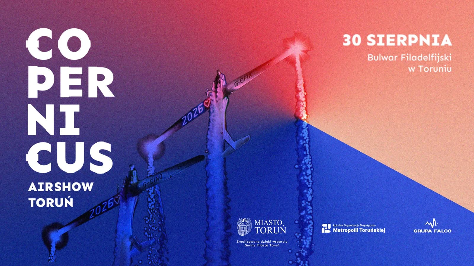 A poster advertising the Copernicus Airshow in Torun, 30 August, featuring three inverted aircraft leaving trails of smoke.